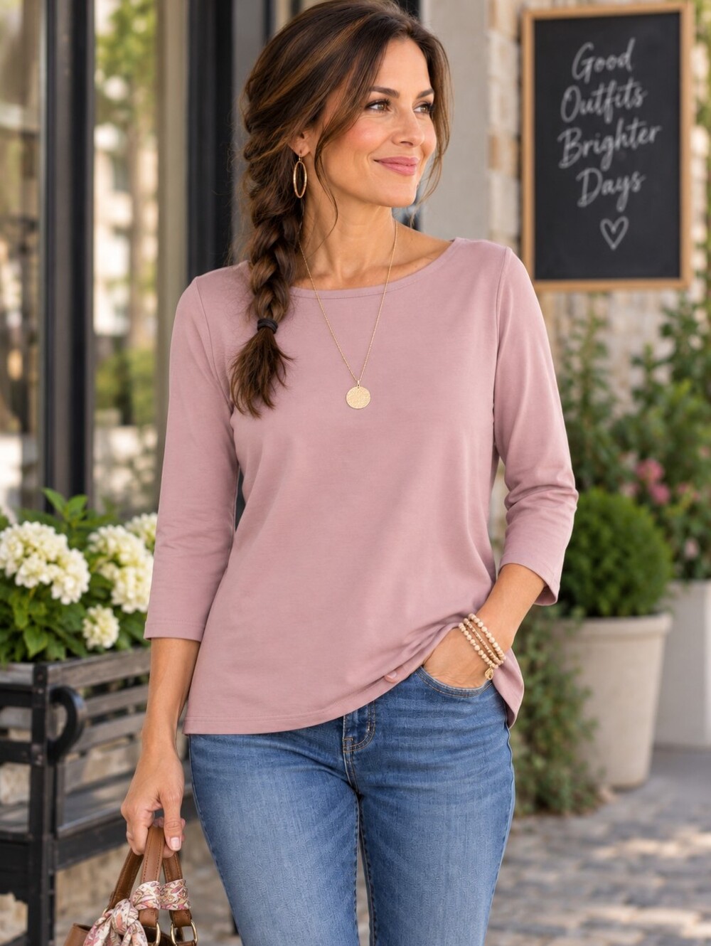 NWT Ann Taylor Factory Dusty Pink 3/4 Sleeve Rayon Spandex Boatneck Top Size L